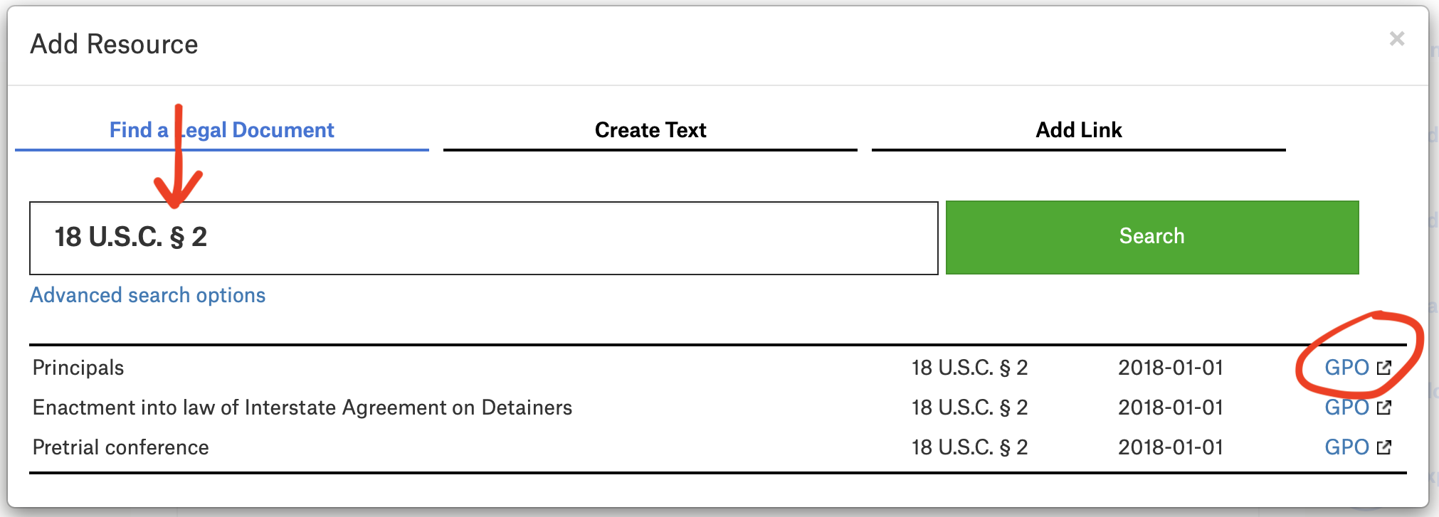 Screenshot of search window readers can use to find sections of U.S. Code.