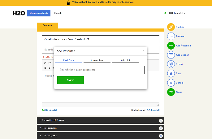 A screenshot showing a draft casebook, with the add resource modal displayed so an author can select the type of resource she wants to add.