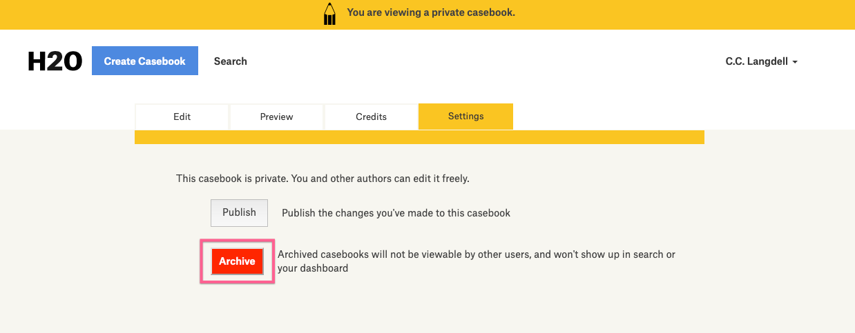 screenshot of casebook "Settings" tab highlighting archive button