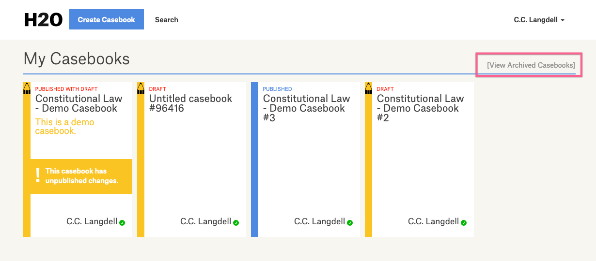 screenshot of dashboard highlighting the View Archived Casebooks link