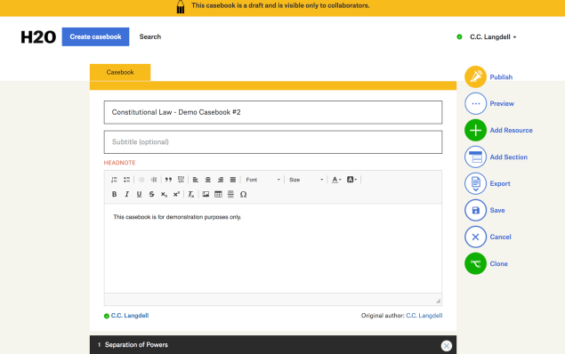 A screenshot showing the metadata edit form for a draft casebook.