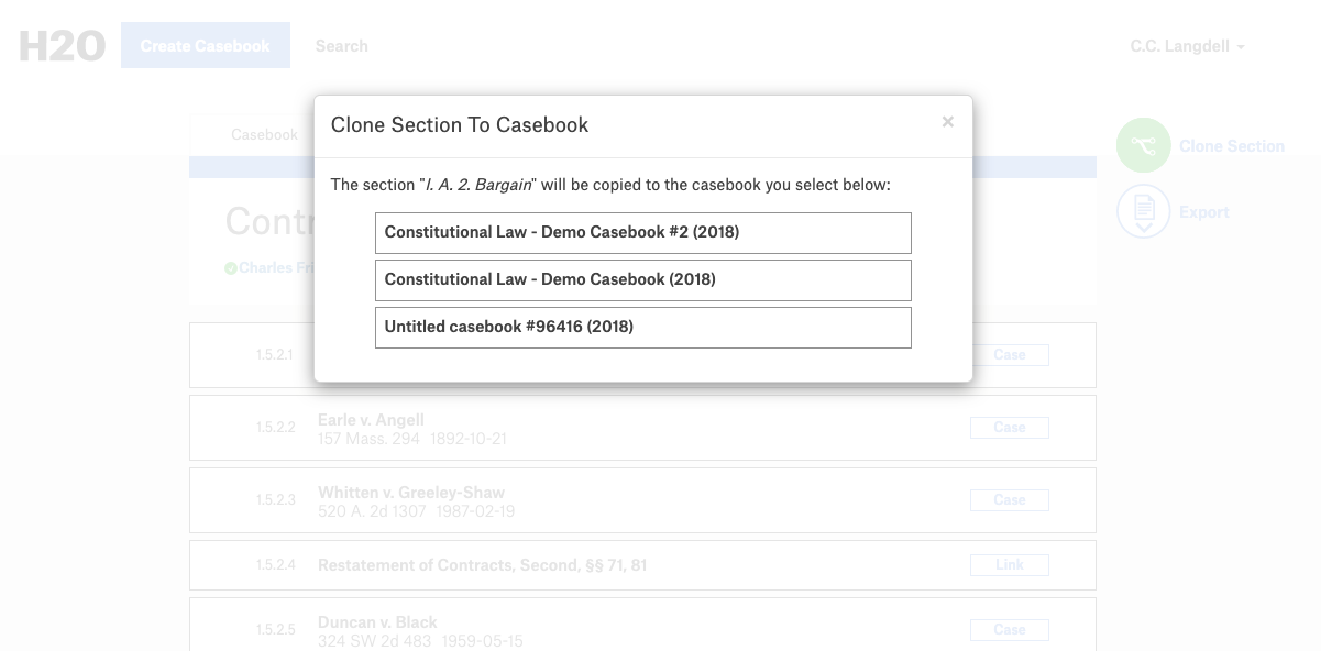 A screenshot of the modal with a listing of casebooks to which the user can send the cloned section.