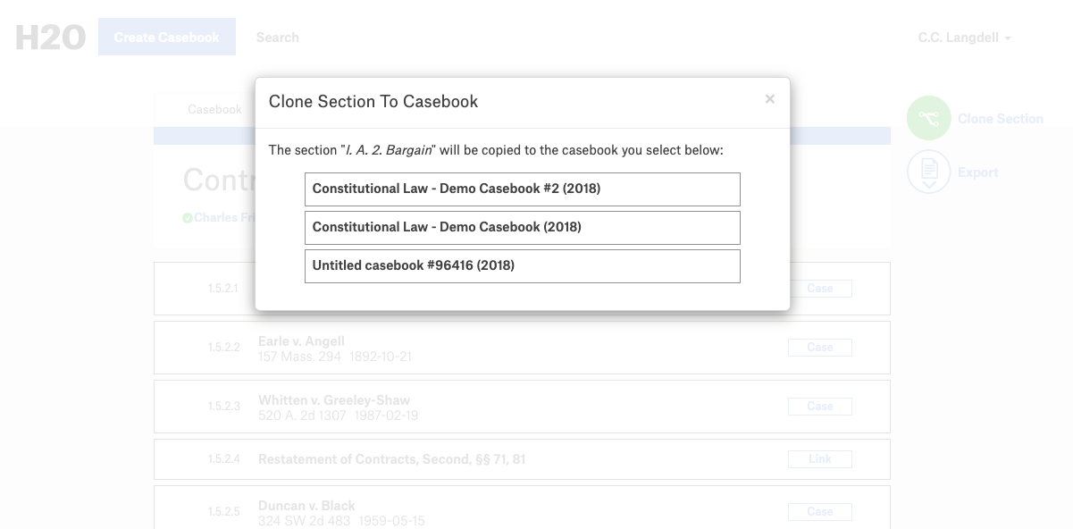screenshot of list of casebooks to send the cloned section to