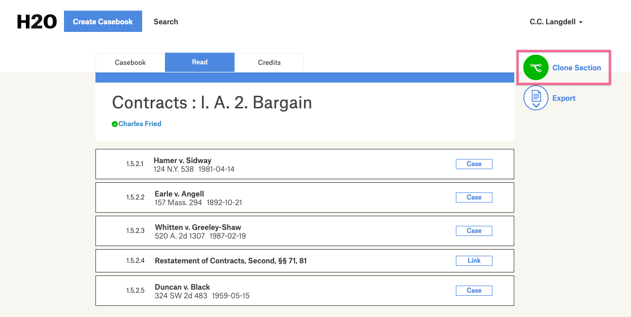 screenshot of casebook section highlighting clone button