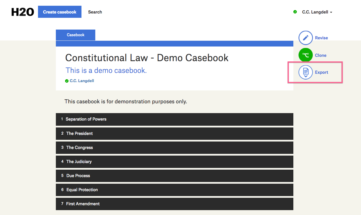 A screenshot of a casebook’s contents page with the Export button highlighted.