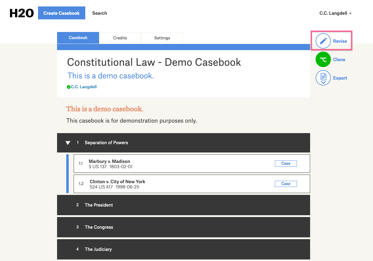 A screenshot of a published casebook’s contents page showing the Revise button on the right side of the page.