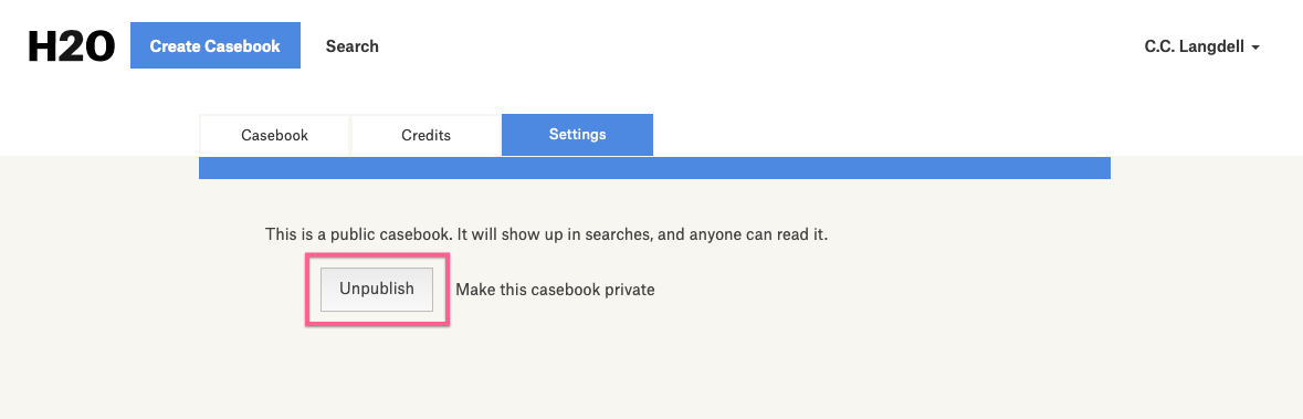 A screenshot of a published casebook’s settings tab showing the Unpublish button in the middle of the page.
